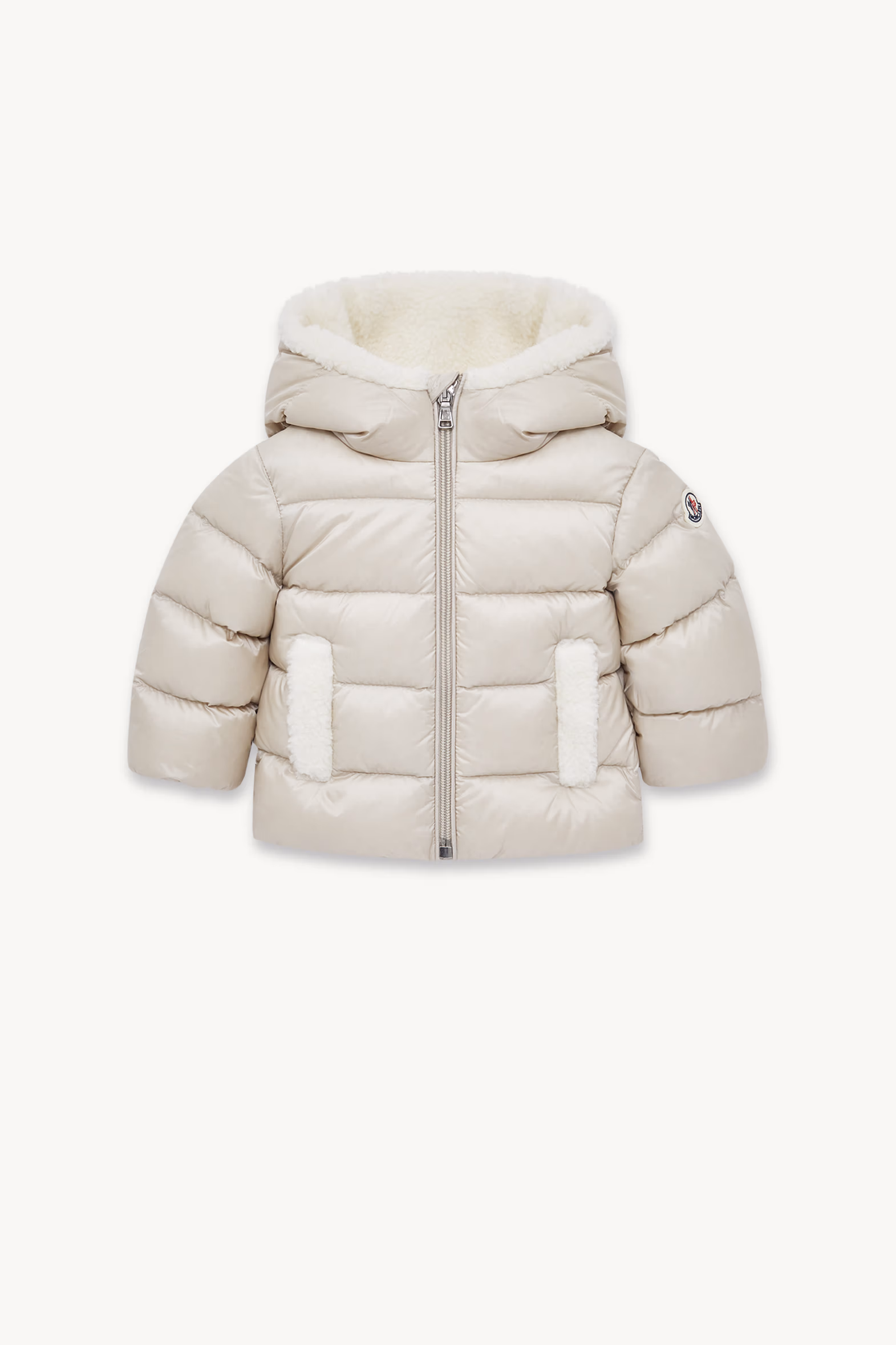 Borgan Hooded Teddy-Trimmed Down Jacket Gender Neutral Ice Grey Moncler 0